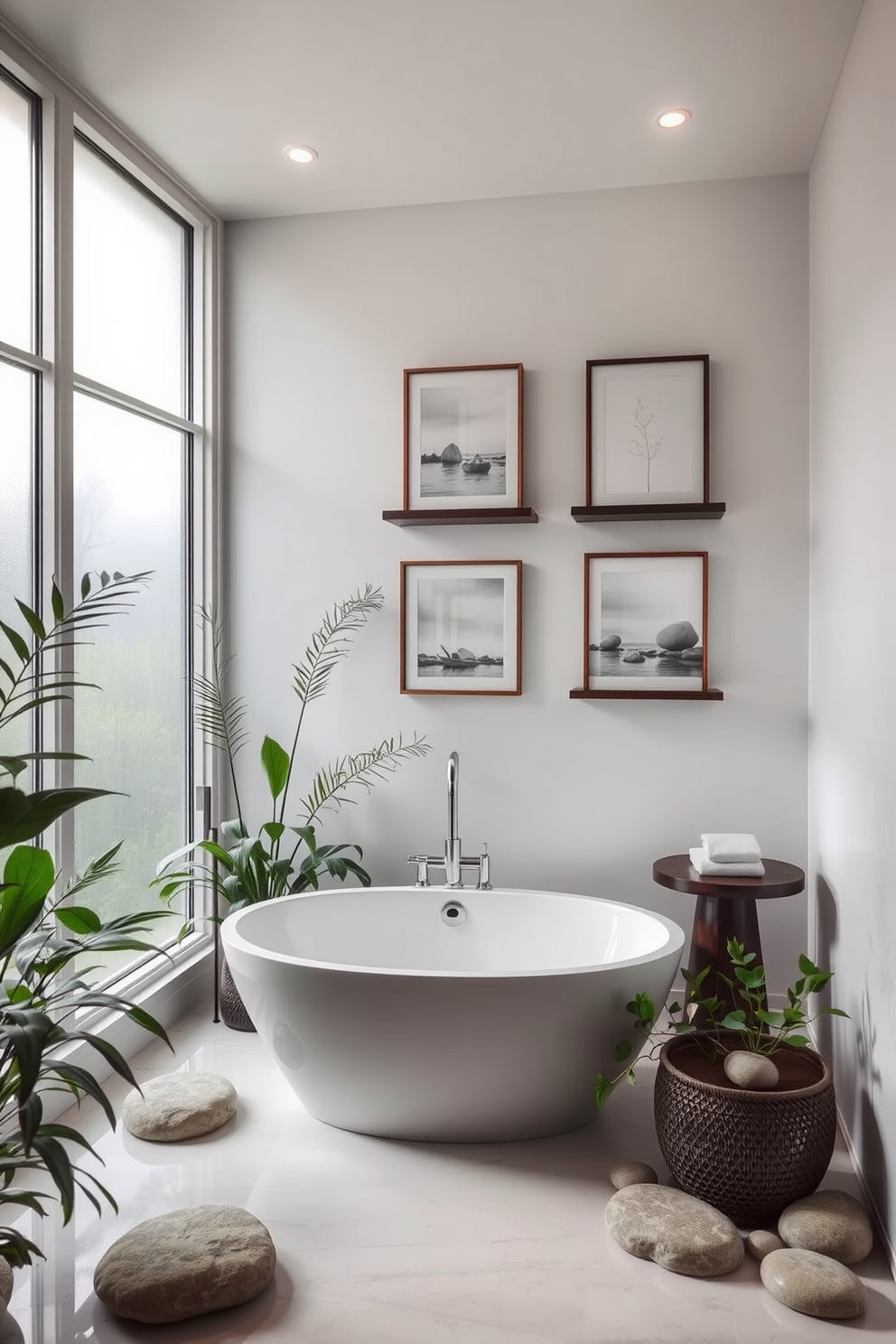 A tranquil bathroom oasis featuring soft natural light filtering through frosted glass windows. The space includes a freestanding soaking tub surrounded by lush greenery and smooth stones, creating a peaceful retreat. Elegant wall-mounted shelves display carefully curated serene artwork, enhancing the calming atmosphere. The color palette consists of soft whites and earthy tones, promoting relaxation and mindfulness.