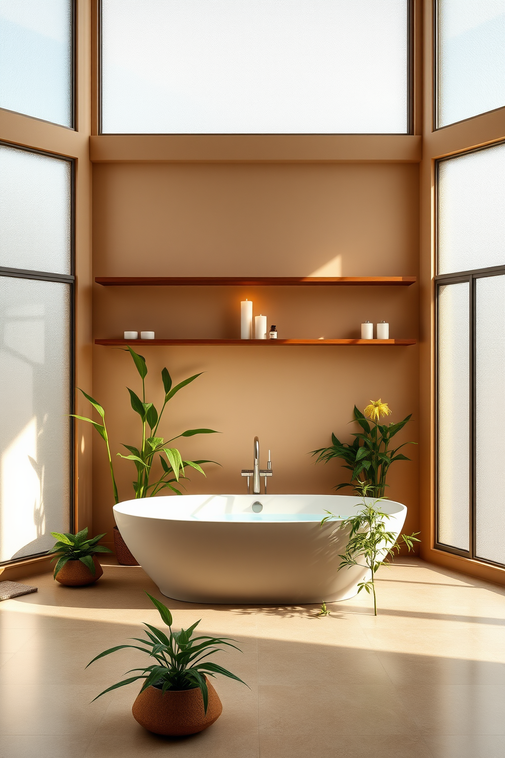 A serene bathroom oasis featuring a sleek aromatherapy diffuser on a minimalist wooden shelf. Soft, ambient lighting enhances the tranquil atmosphere, complemented by natural stone elements and lush greenery. The walls are adorned with calming hues of soft blue and white, creating a peaceful backdrop. A freestanding tub sits gracefully in the corner, surrounded by candles and essential oil bottles for a complete relaxation experience.