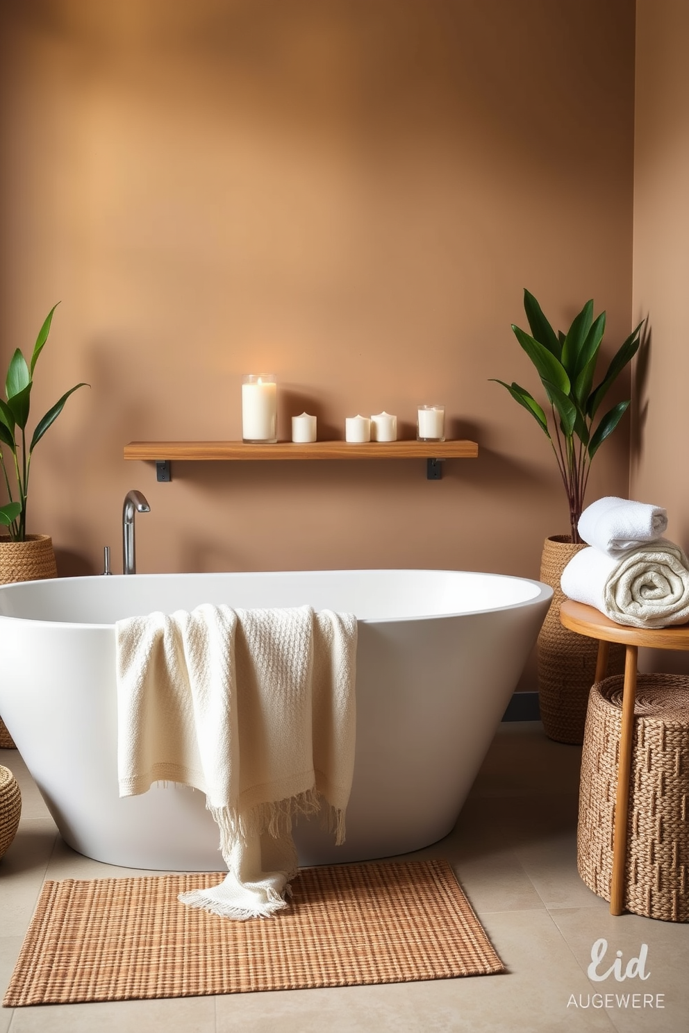 A serene bathroom oasis featuring natural fiber rugs that provide warmth and softness underfoot. The space is adorned with bamboo accents and calming greenery, creating a tranquil atmosphere for relaxation. The walls are painted in soft earth tones, complemented by a freestanding soaking tub positioned by a large window. Minimalist shelving displays carefully curated spa essentials, enhancing the Zen-inspired aesthetic.