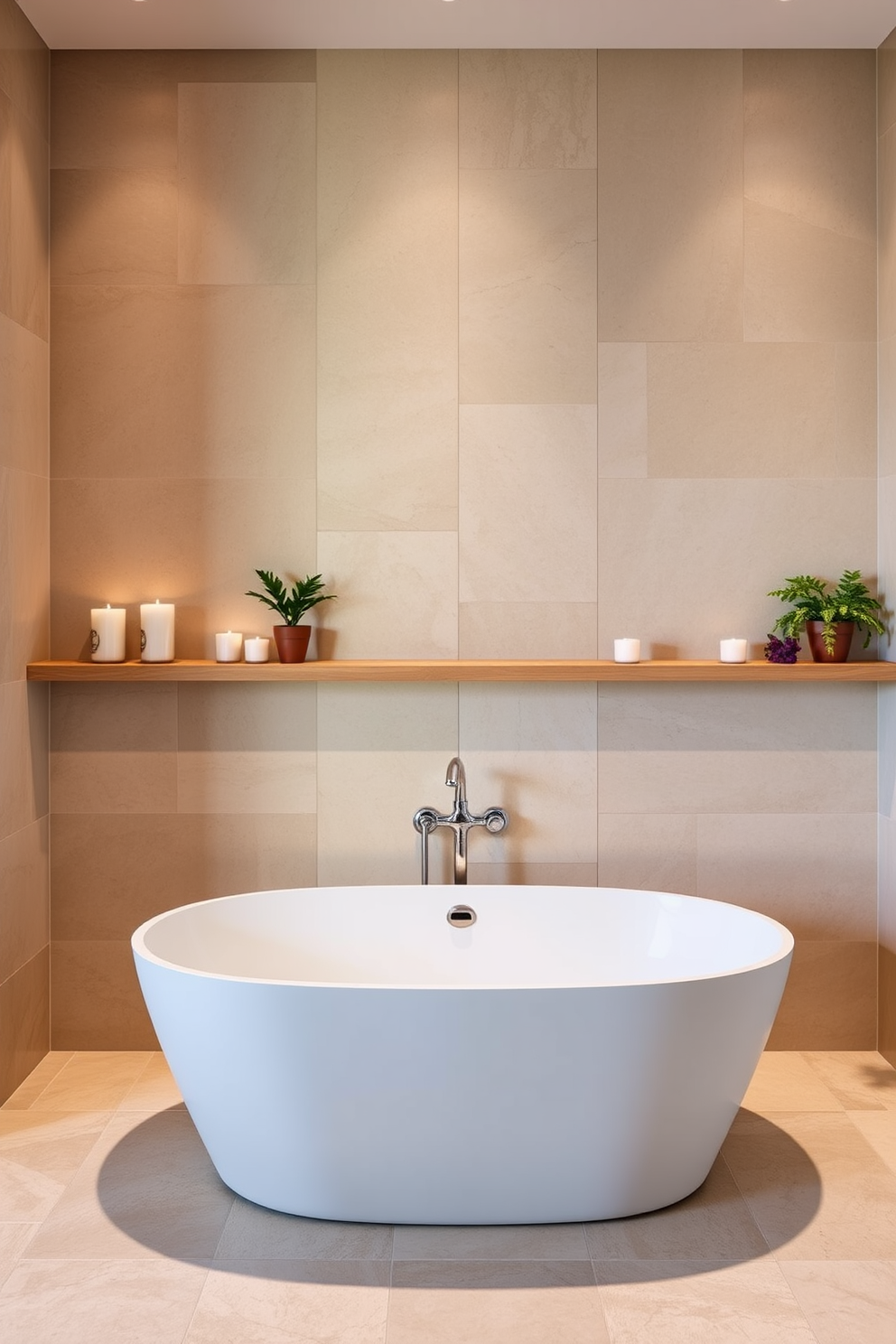 A serene bathroom oasis featuring a freestanding bathtub as the centerpiece. The walls are adorned with natural stone tiles in soft earth tones, creating a calming atmosphere. Surrounding the bathtub, there are sleek wooden shelves displaying candles and plants for a touch of nature. Soft lighting illuminates the space, enhancing the tranquil vibe and inviting relaxation.