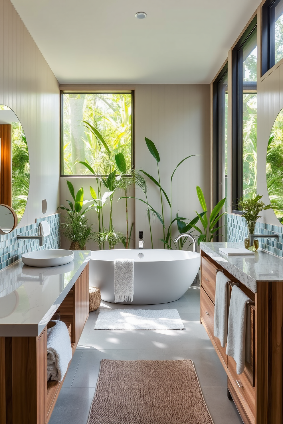 A serene bathroom oasis with earthy color accents that create a grounding effect. Natural stone tiles in warm tones cover the floor, complemented by wooden elements throughout the space. A freestanding soaking tub is positioned near a large window, allowing natural light to flood the room. Lush greenery in decorative pots adds a touch of nature, enhancing the tranquil ambiance.