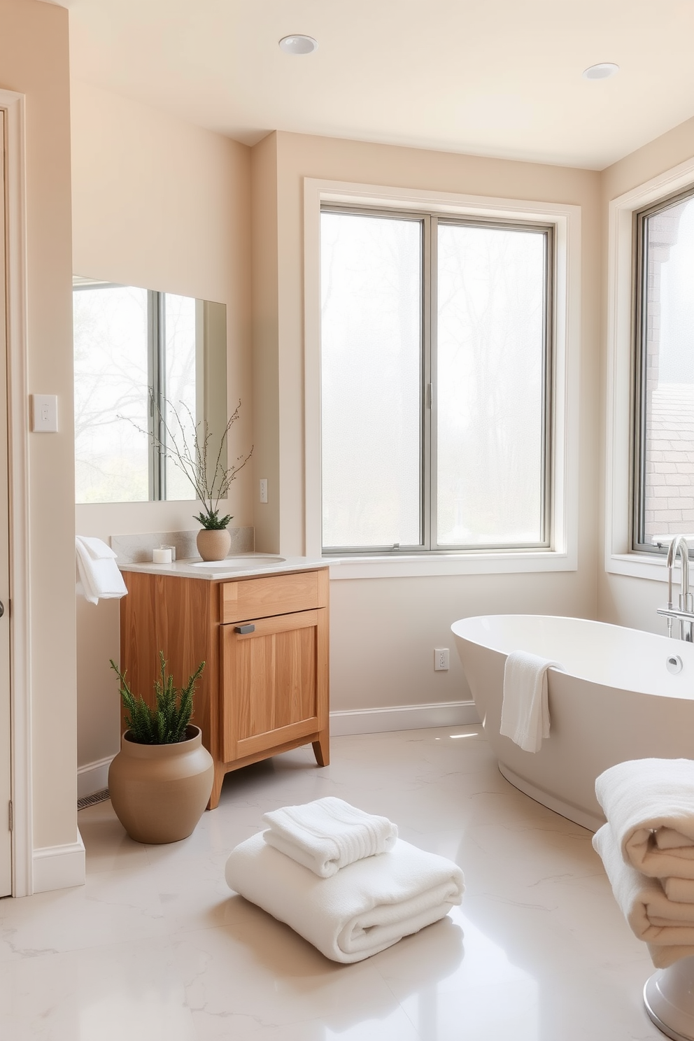 A serene bathroom oasis featuring a soft neutral color palette that creates a calming atmosphere. The walls are adorned with light beige paint, complemented by a natural wood vanity and a freestanding soaking tub. Large windows allow natural light to flood the space, enhancing the tranquil ambiance. Simple greenery in decorative pots adds a touch of nature, while plush white towels are neatly arranged for a spa-like feel.