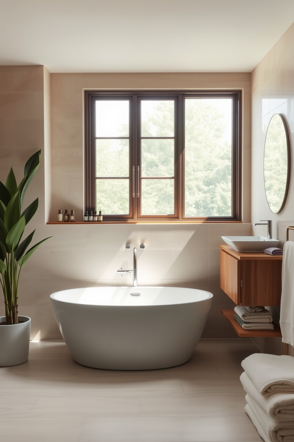 A serene bathroom ambiance with well-placed shelving that provides organized storage. The shelves are made of natural wood and display neatly arranged towels and decorative items, creating a tranquil and uncluttered space. Soft neutral tones dominate the walls, complemented by a freestanding soaking tub positioned beneath a large window. Bamboo plants are strategically placed to enhance the Zen atmosphere, promoting relaxation and harmony.