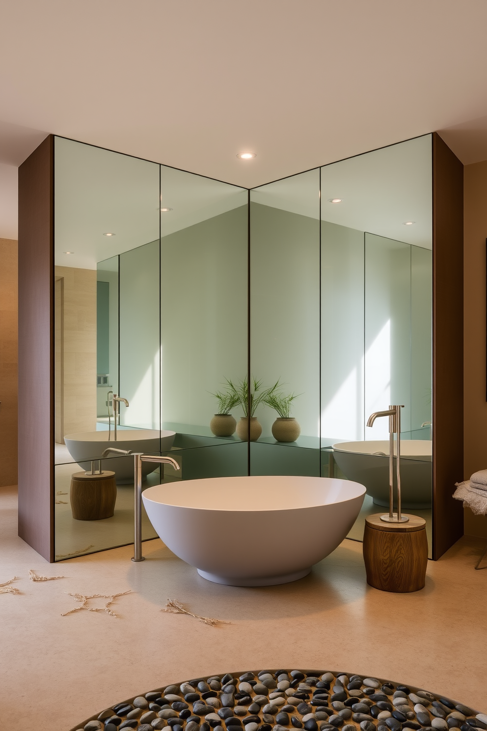 A serene and tranquil bathroom setting designed with a Zen aesthetic. Large floor-to-ceiling mirrors reflect natural light, creating an illusion of spaciousness and calm. The color palette features soft earth tones, with bamboo accents and a freestanding soaking tub as the focal point. Minimalist fixtures and a pebble stone floor enhance the peaceful ambiance, inviting relaxation and mindfulness.