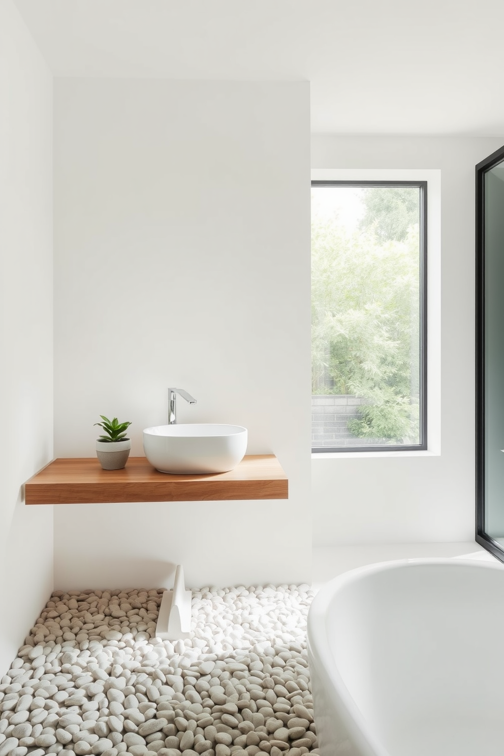 A serene bathroom design featuring a floating shelf made of natural wood, complementing the minimalist aesthetic. The walls are painted in soft white, with a large window allowing natural light to fill the space, enhancing the calming atmosphere. The floor is adorned with smooth pebbles, creating a spa-like feel underfoot. A small potted plant sits on the floating shelf, adding a touch of greenery and tranquility to the overall design.