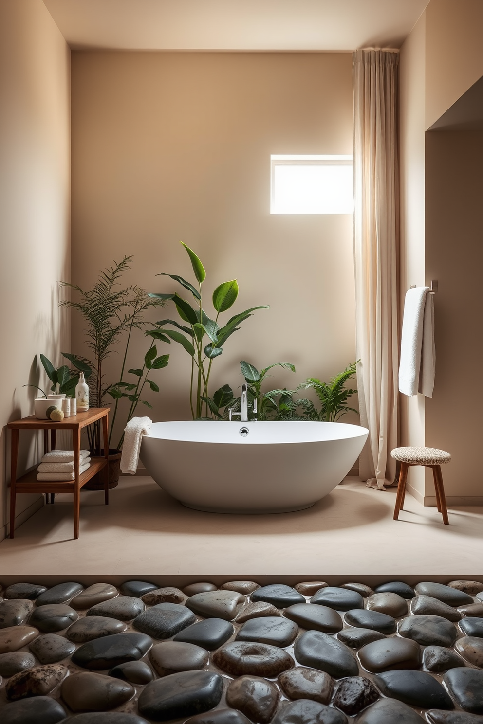 A tranquil Zen bathroom featuring smooth pebbles arranged around a freestanding soaking tub. The walls are adorned with natural wood panels, and soft green plants are placed strategically to enhance the serene atmosphere. A minimalist wooden vanity with a simple white sink complements the overall design. Warm, ambient lighting creates a calming environment, while a small stone fountain adds a gentle sound of flowing water.