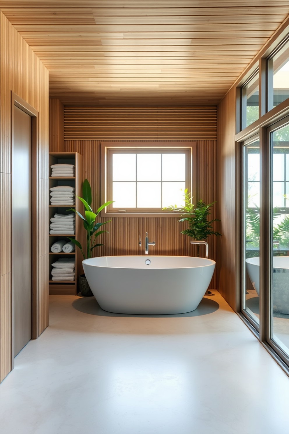 A serene zen bathroom design featuring a freestanding soaking tub positioned near a large window that invites natural light. The walls are adorned with bamboo panels, and the floor is covered in smooth river stones for a calming effect. In one corner, a linen closet provides organized storage for towels and essentials, seamlessly blending into the overall aesthetic. Soft, neutral tones dominate the space, complemented by lush green plants that enhance the tranquil atmosphere.