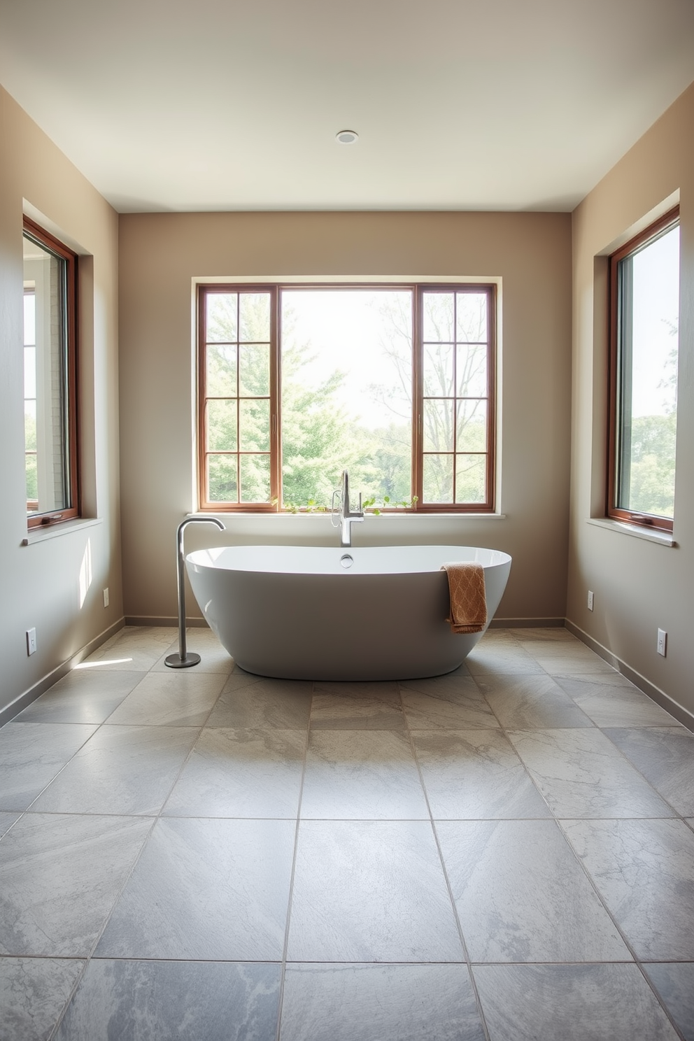 A serene bathroom oasis with a combination of natural materials and calming colors. The floor is adorned with patterned tiles that add subtle visual interest while maintaining a tranquil atmosphere. A freestanding soaking tub sits in the center, framed by large windows that invite natural light. Soft greenery is placed on the windowsill, enhancing the Zen-inspired ambiance of the space.