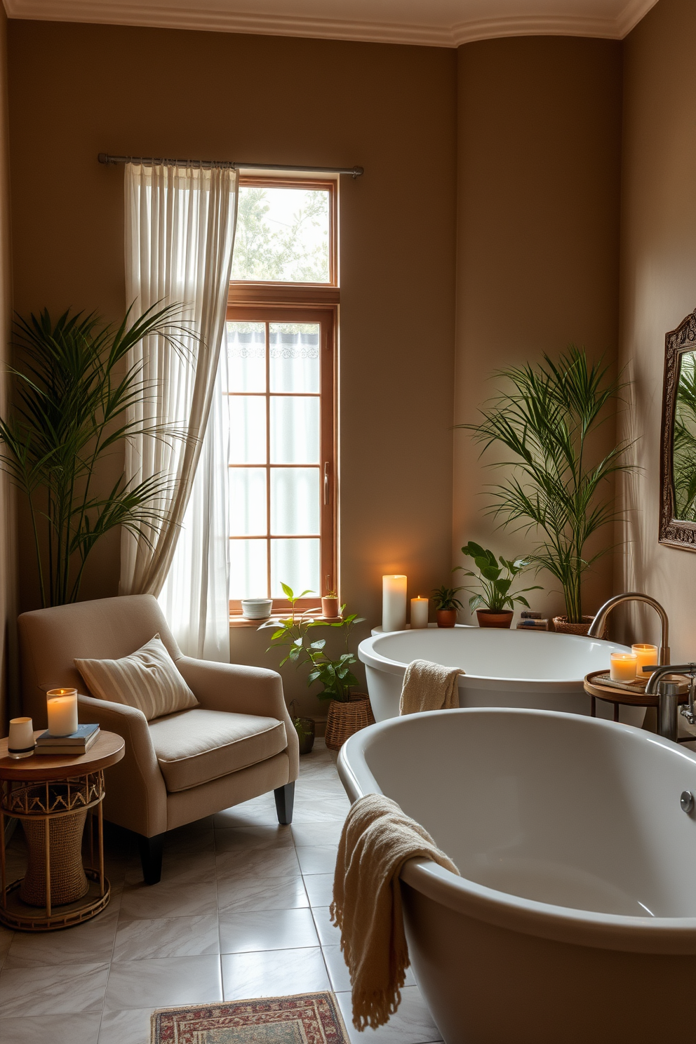 A serene bathroom oasis designed for relaxation. A cozy reading nook features a plush armchair in a soft beige fabric, positioned next to a large window with sheer white curtains that allow natural light to filter in. The walls are adorned with calming earth tones, complemented by bamboo accents and potted plants for a touch of nature. A freestanding soaking tub sits nearby, surrounded by candles and a small wooden side table holding a stack of books and a warm throw blanket.