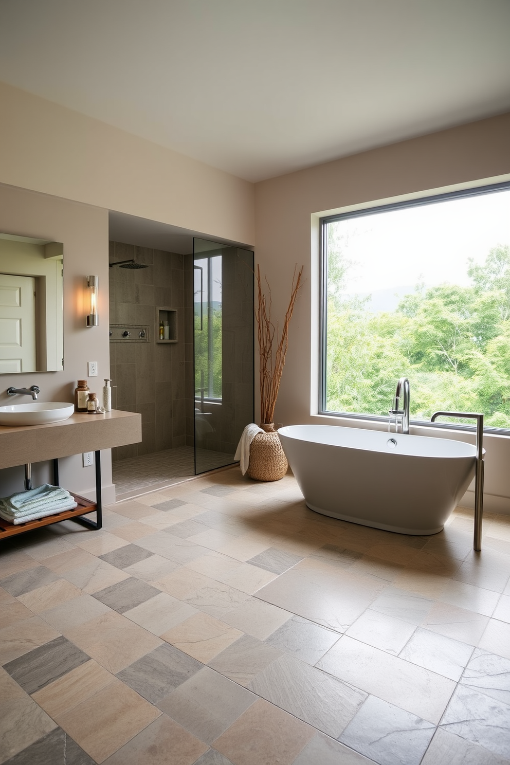 A serene bathroom oasis with layered lighting that creates adjustable ambiance. Soft recessed lights illuminate the space, while elegant pendant fixtures add a touch of sophistication above the soaking tub. Natural materials like bamboo and stone enhance the Zen atmosphere, complemented by a large window allowing for ample natural light. A freestanding bathtub sits gracefully in the corner, surrounded by lush greenery and minimalist decor.