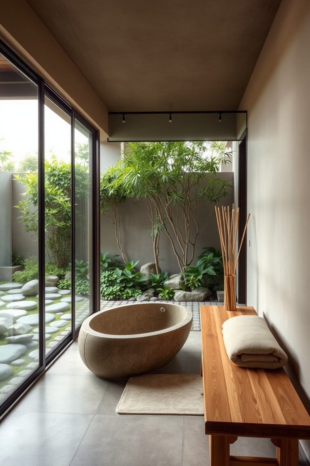 A serene Zen bathroom that seamlessly blends indoor and outdoor elements. Large glass sliding doors open to a private garden filled with lush greenery and smooth stones. The focal point is a freestanding soaking tub made of natural stone, positioned near the entrance. Soft bamboo accents and a wooden bench enhance the tranquil atmosphere, while warm, neutral tones dominate the space.