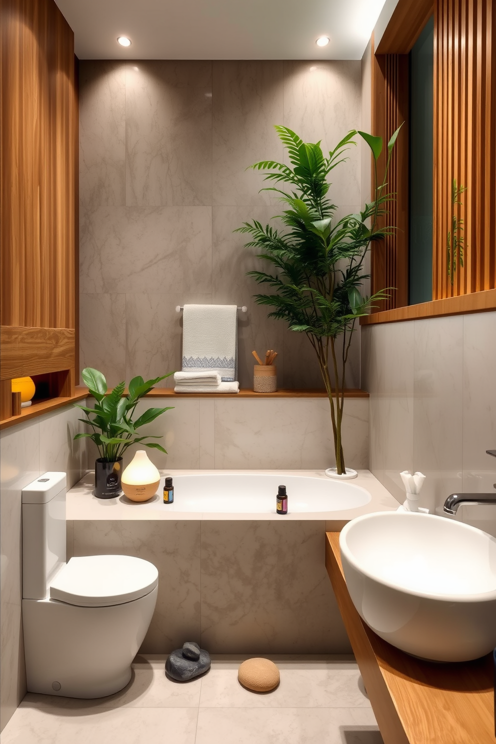 A serene bathroom oasis designed for relaxation. The space features natural wood accents and soft neutral tones, creating a calming atmosphere. Aromatic essential oil diffusers are strategically placed to enhance the sensory experience. Lush greenery and smooth stones complement the Zen-inspired decor, inviting tranquility.