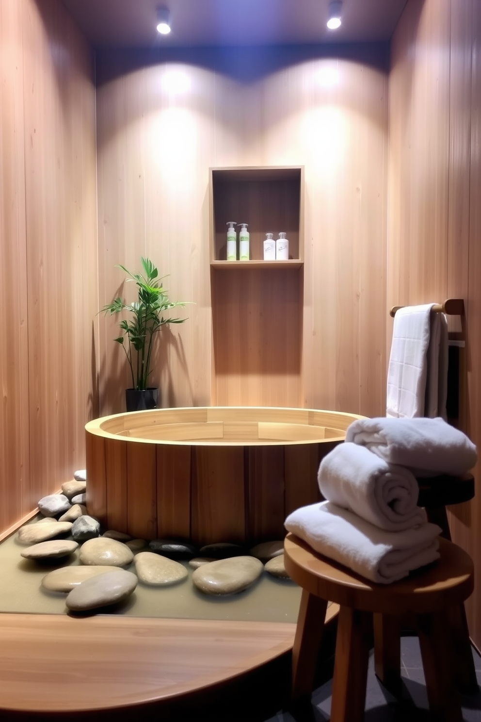 A serene bathroom oasis featuring a freestanding soaking tub surrounded by lush indoor plants that enhance the tranquil atmosphere. The walls are adorned with natural wood accents, and soft ambient lighting creates a calming effect throughout the space. A minimalist wooden shelf holds an array of succulents and ferns, adding a touch of greenery to the clean lines of the design. The floor is covered in smooth river stones, providing a natural feel that complements the Zen-inspired decor.