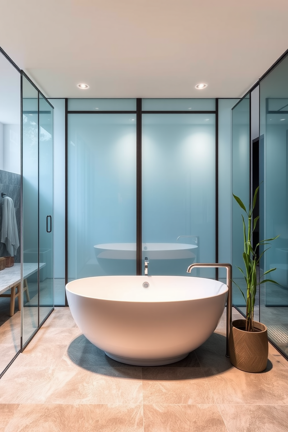 A serene Zen bathroom design featuring glass partitions that create an open and airy atmosphere. The space includes natural stone elements, a freestanding soaking tub, and bamboo accents for a calming effect.