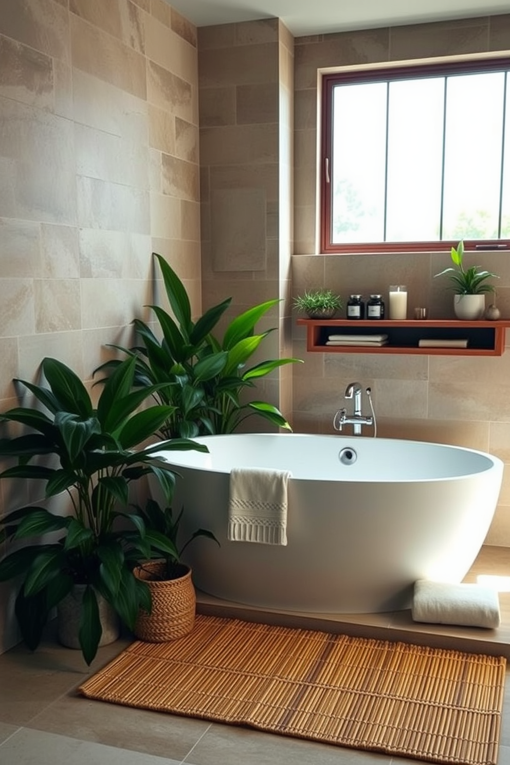 A serene bathroom oasis featuring a freestanding soaking tub positioned under a large window that allows natural light to flood the space. Lush indoor plants are strategically placed around the tub, enhancing the tranquil atmosphere with greenery and soft textures. The walls are adorned with natural stone tiles in soothing earth tones, creating a harmonious backdrop for relaxation. A wooden shelf holds neatly arranged spa essentials and candles, while a bamboo mat adds warmth to the floor.