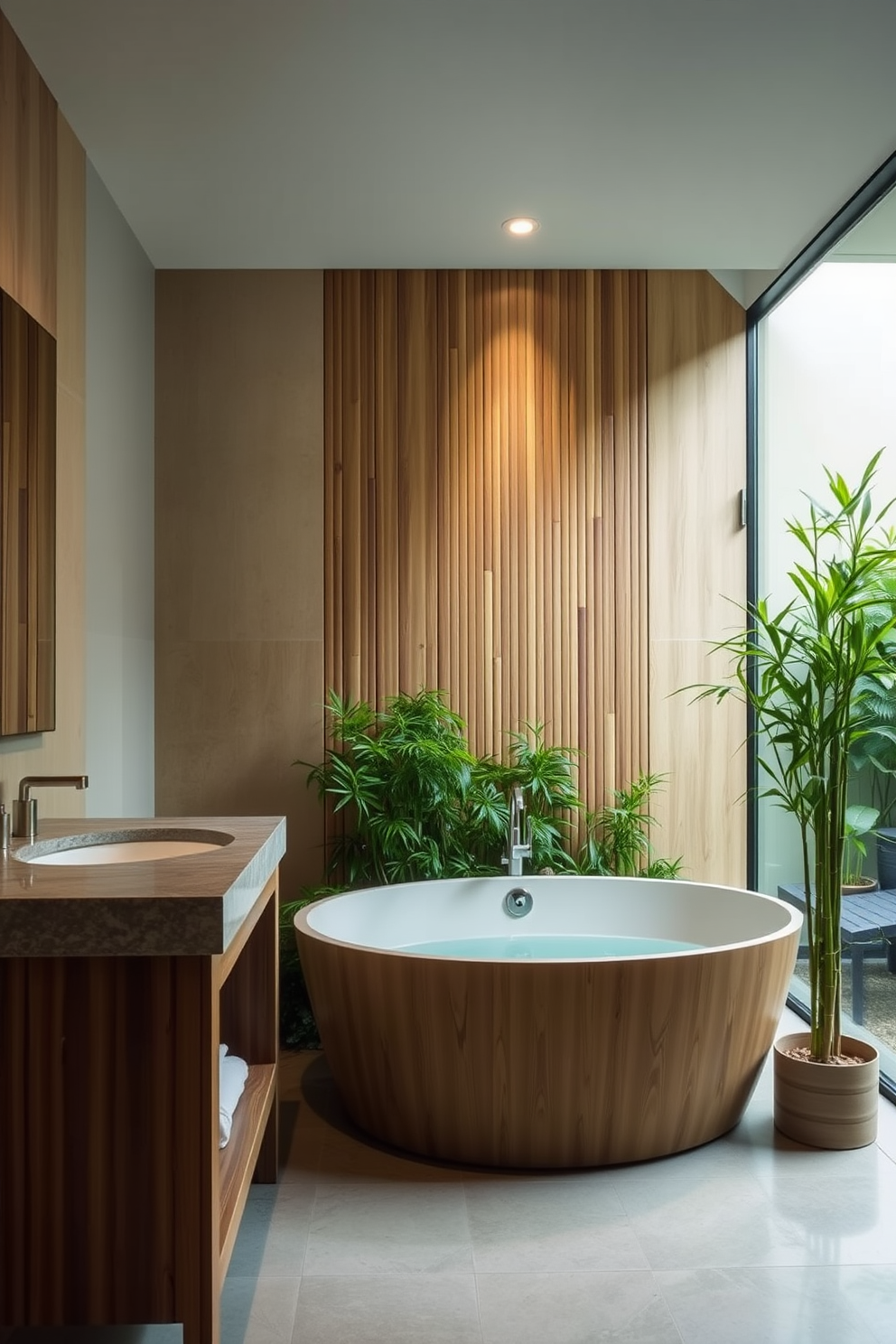 A serene bathroom oasis featuring bamboo accents throughout the space. The walls are adorned with natural bamboo panels, and a freestanding soaking tub is surrounded by lush greenery. A minimalist wooden vanity with a stone countertop complements the tranquil atmosphere. Soft, ambient lighting enhances the calming effect, while a bamboo plant sits elegantly in the corner.