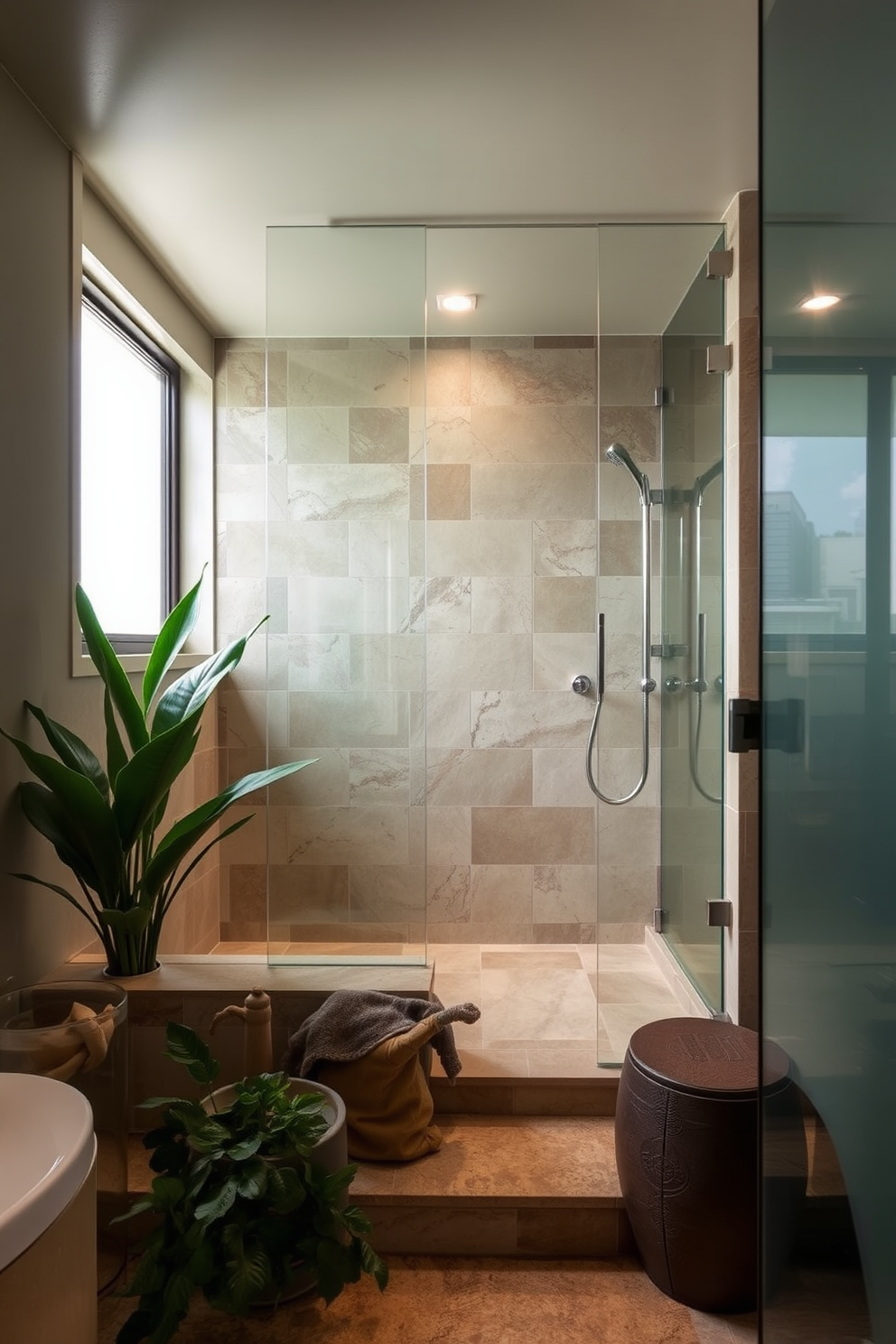 A serene bathroom oasis designed for relaxation features a spacious rain shower with a glass enclosure. Natural stone tiles in soft earth tones create a calming atmosphere while lush greenery is placed strategically to enhance the Zen aesthetic.