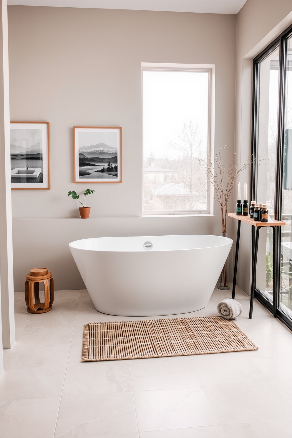 A serene bathroom oasis featuring a freestanding soaking tub positioned near a large window that allows natural light to flood the space. Soft earth-toned tiles cover the floor, complemented by a bamboo bath mat and a small potted plant on the windowsill. The walls are adorned with calming artwork depicting tranquil landscapes, enhancing the peaceful ambiance. A minimalist wooden shelf holds an assortment of calming essential oils, neatly arranged beside a few elegant candles for added tranquility.