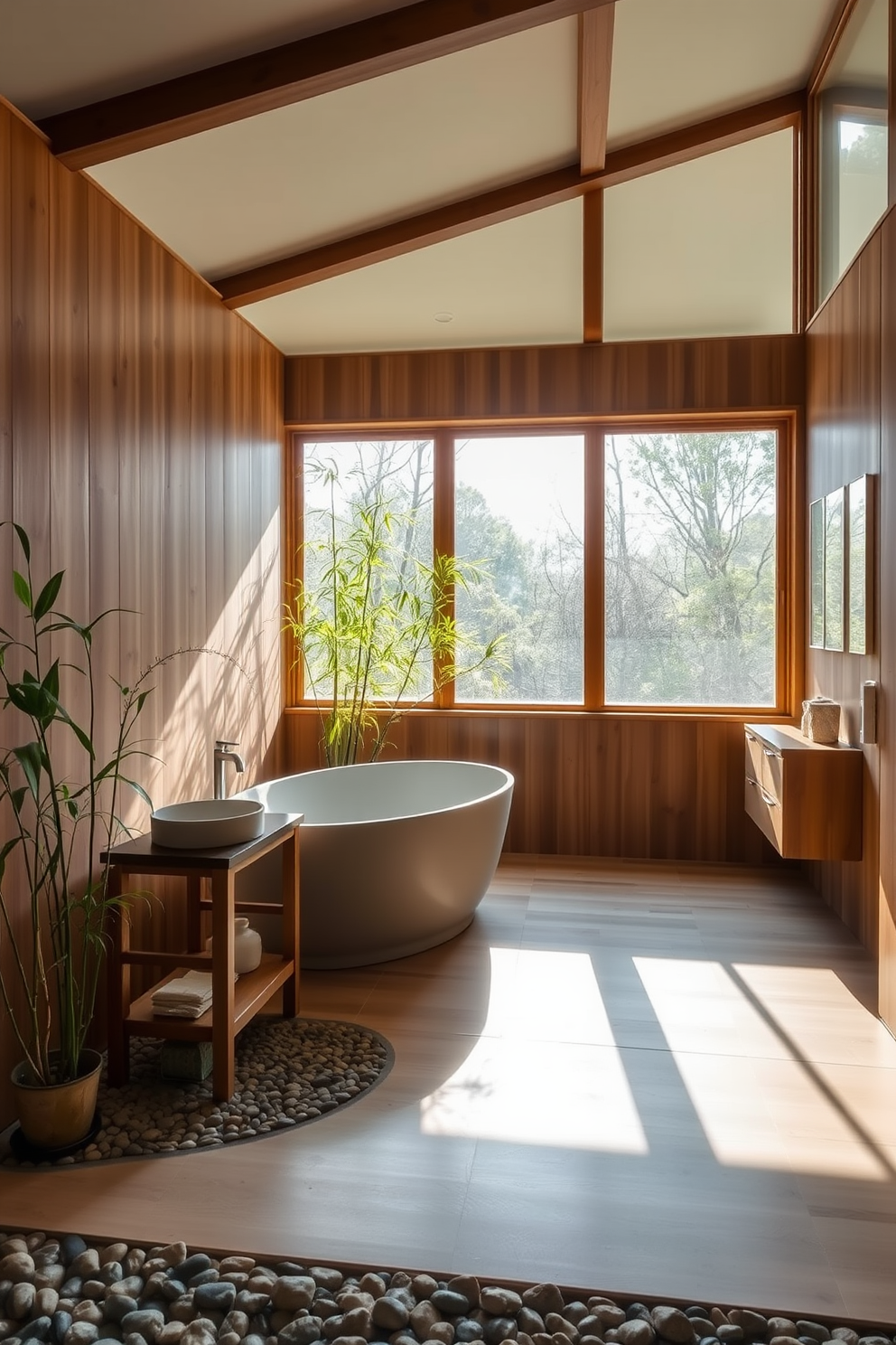 A serene zen bathroom setting bathed in natural light from large floor-to-ceiling windows. The space features a freestanding soaking tub positioned near the windows, surrounded by bamboo plants for a tranquil atmosphere. The walls are adorned with natural wood panels, creating a warm and inviting feel. A minimalist wooden vanity with a stone sink complements the overall design, while smooth pebbles line the floor for a spa-like experience.