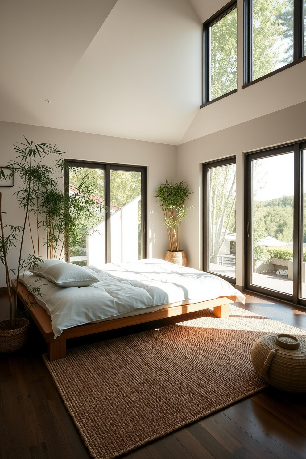 A serene zen bedroom filled with natural light streaming through large floor-to-ceiling windows. The room features a low wooden bed with a simple white duvet and soft pillows, surrounded by bamboo plants and minimal decor. The walls are painted in calming neutral tones, creating a peaceful atmosphere. A plush area rug in natural fibers lies beneath the bed, adding warmth and comfort to the space.