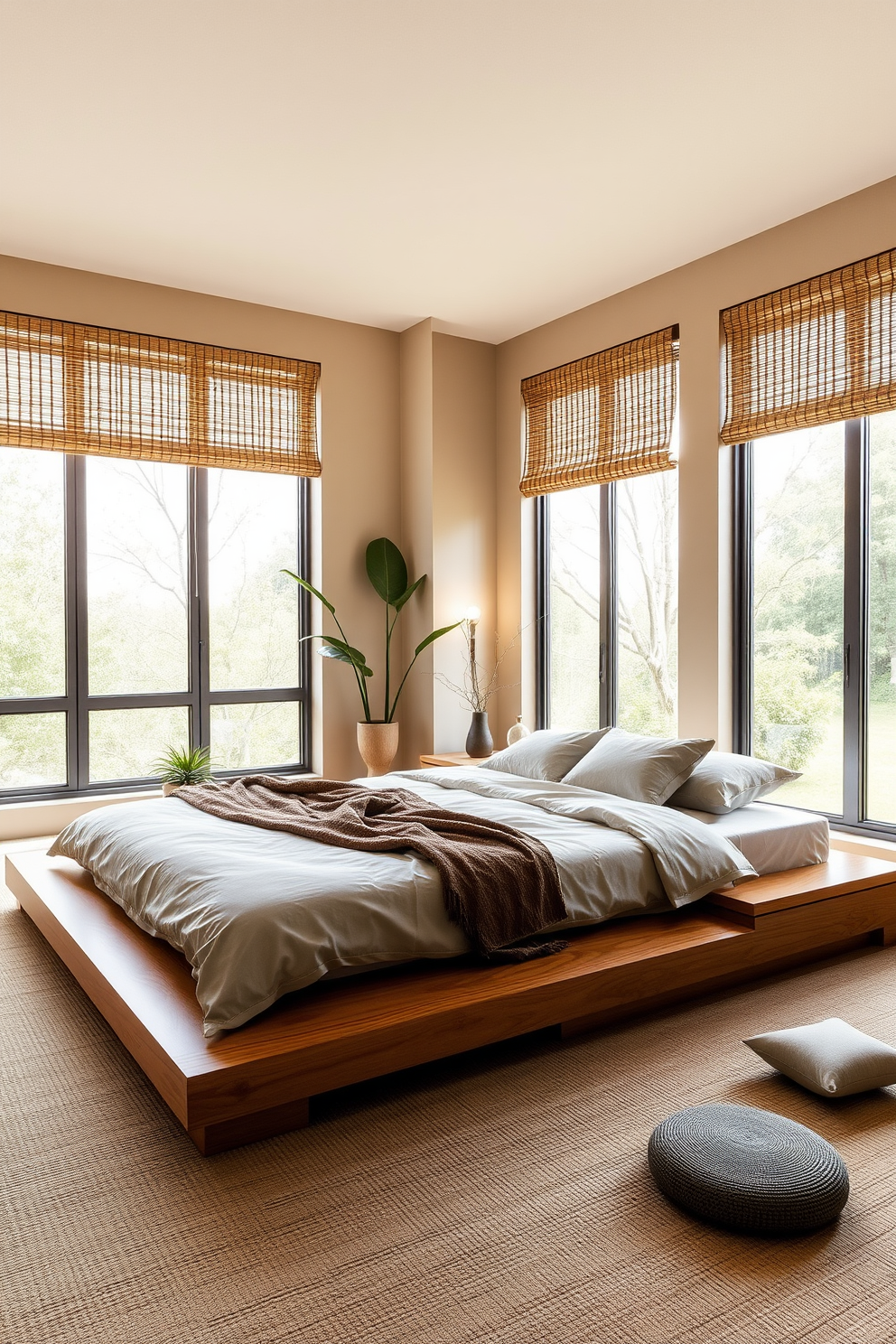 A serene bedroom featuring a Japanese shoji screen divider that creates a peaceful separation between sleeping and meditation areas. The room is adorned with natural materials, including a low wooden platform bed and tatami mats, complemented by soft, neutral bedding and minimalistic decor.