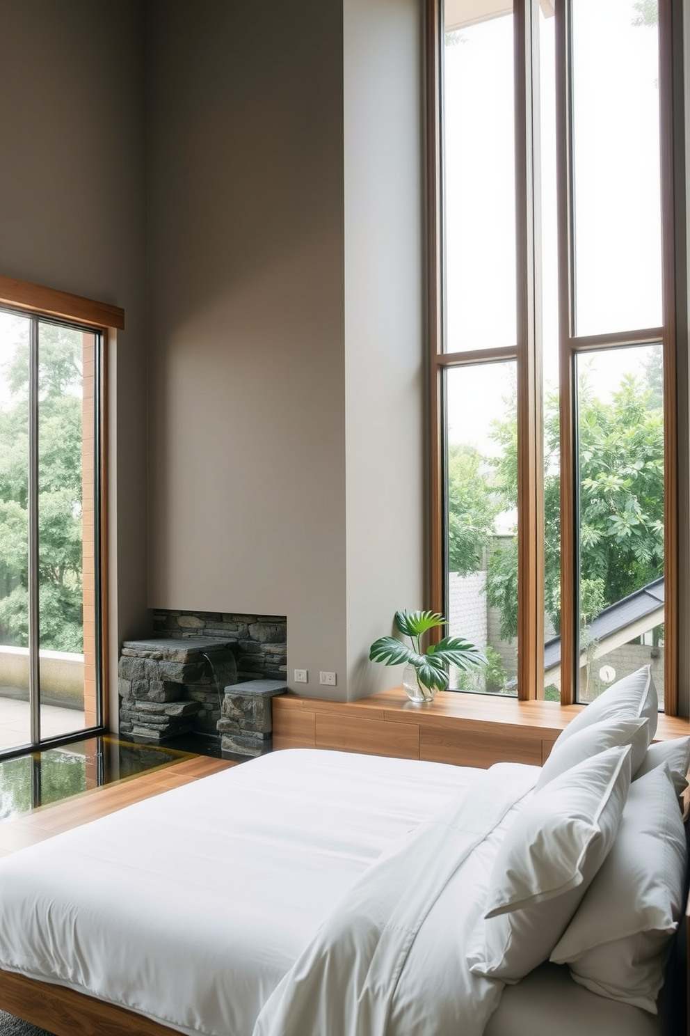 A serene bedroom setting featuring a low bed frame with a minimalist design. The bed is adorned with soft, neutral bedding and surrounded by natural light from large windows. On either side of the bed, there are sleek wooden nightstands with simple lamps. The walls are painted in calming earth tones, and a plush area rug lies beneath the bed, enhancing the tranquil atmosphere.