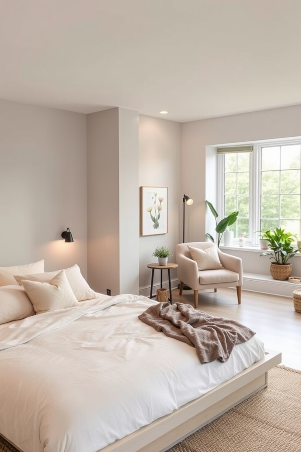 A serene bedroom oasis featuring a calming water feature that gently flows, creating a soothing ambiance. The room is adorned with soft, neutral tones and natural materials, fostering a peaceful and relaxing environment. Plush bedding in muted colors complements the tranquil atmosphere, while large windows invite natural light to fill the space. Minimalist decor enhances the Zen aesthetic, with a few carefully chosen plants adding a touch of nature.