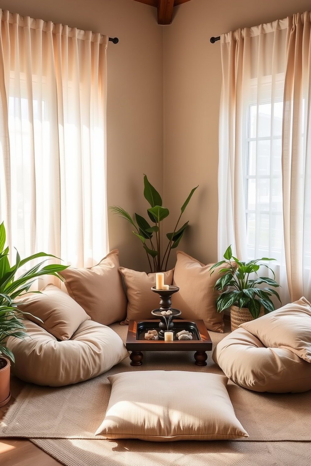 Create a serene meditation corner featuring soft, oversized cushions in calming earth tones. The space is surrounded by indoor plants and a small water fountain, enhancing the tranquil atmosphere. Incorporate a low wooden table with candles and crystals to promote relaxation. The walls are painted in a soft beige, and natural light filters through sheer curtains, creating a peaceful ambiance.