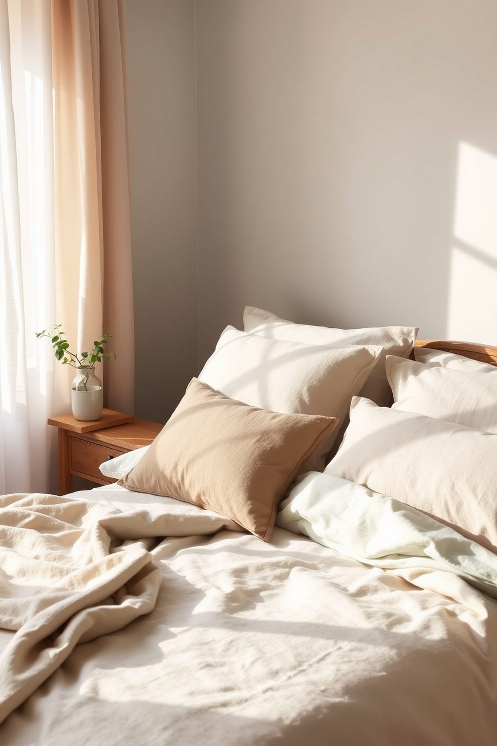 A serene zen bedroom featuring organic cotton bedding in soft earth tones. The bed is adorned with layered textures, including a lightweight throw and decorative pillows, creating a cozy yet minimalist atmosphere. Natural light filters through sheer linen curtains, illuminating the space with a warm glow. A simple wooden nightstand holds a small potted plant, adding a touch of nature to the tranquil setting.