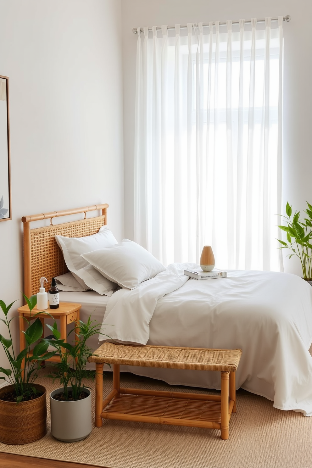 A tranquil Zen bedroom featuring bamboo accents throughout the space. The bed is adorned with soft linens and a bamboo headboard, while a small bamboo side table holds a calming essential oil diffuser. Natural light filters through sheer bamboo curtains, creating a serene atmosphere. A low bamboo bench at the foot of the bed invites relaxation, and potted bamboo plants add a touch of greenery.