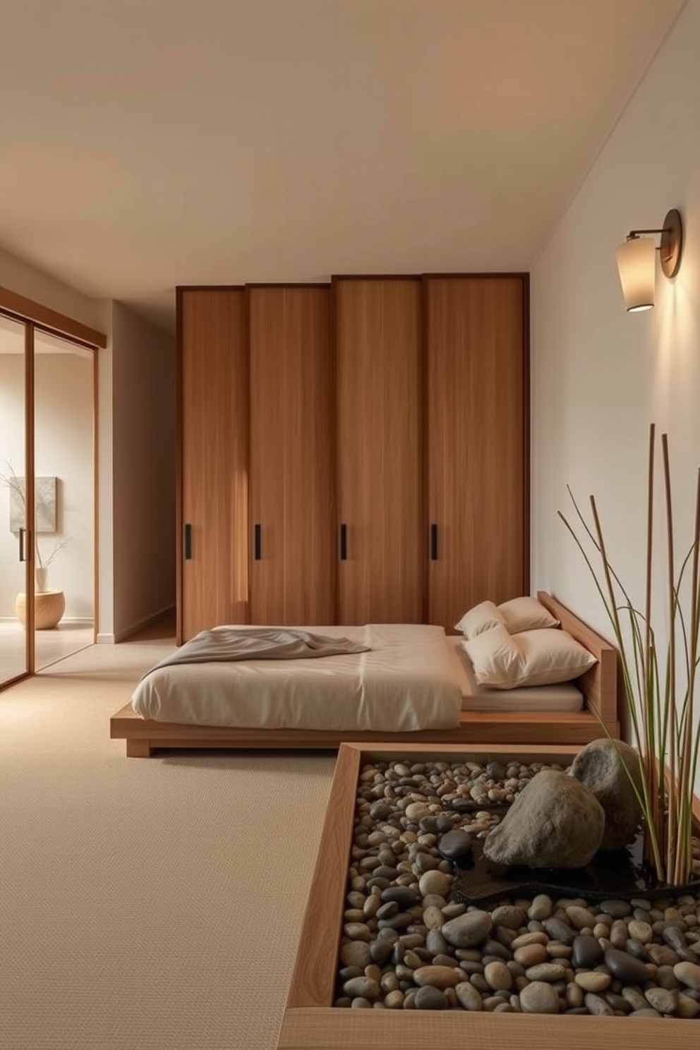 A serene zen bedroom featuring sliding doors that seamlessly blend with the walls, maximizing space and creating a tranquil atmosphere. The room is adorned with natural materials, including a low wooden bed frame and soft, neutral bedding that invites relaxation. In one corner, a small indoor garden with pebbles and a peaceful water feature enhances the calming ambiance. Soft lighting from minimalist fixtures casts a warm glow, while bamboo accents add an organic touch to the overall design.