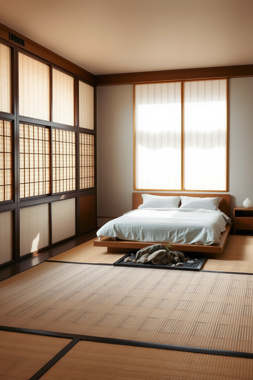 A serene bedroom setting featuring Japanese tatami mat flooring that creates a natural and calming atmosphere. The room is adorned with minimalist furniture, including a low platform bed with soft linens and a simple wooden nightstand. Soft natural light filters through shoji screens, casting gentle shadows across the room. A small indoor Zen garden sits in one corner, complete with smooth stones and a few carefully placed succulents.