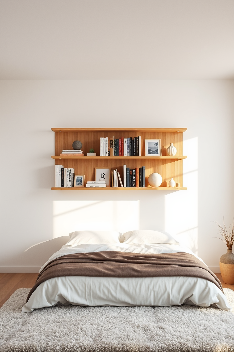 A serene bedroom featuring a wall-mounted bookshelf that emphasizes simplicity. The bookshelf is made of natural wood and holds a curated selection of books and decorative items, creating a calming focal point. The walls are painted in a soft, neutral tone to enhance the tranquil atmosphere. A cozy bed with minimalist bedding and a plush area rug completes the Zen-inspired design.