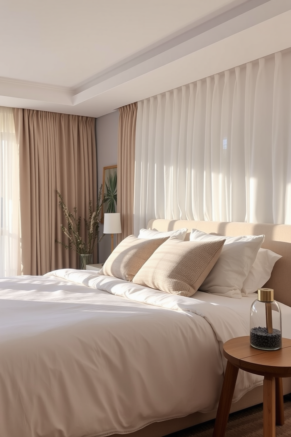 A serene bedroom oasis designed for relaxation. Soft neutral colors dominate the space, with a plush king-sized bed adorned with fluffy white linens and an assortment of textured pillows. Natural light filters through sheer curtains, creating a warm and inviting atmosphere. A minimalist wooden bedside table holds a diffuser emitting a calming lavender scent, enhancing the tranquil ambiance.