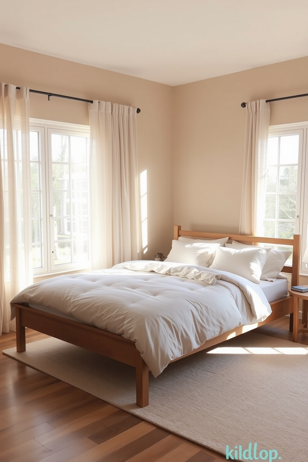 A serene bedroom featuring a soft neutral color palette that promotes relaxation and tranquility. The walls are painted in a light beige shade, while the bedding consists of crisp white linens layered with soft taupe and cream accents. Natural light floods the space through large windows adorned with sheer curtains that gently diffuse the sunlight. A minimalist wooden bed frame is complemented by a plush area rug in a muted tone, adding warmth and comfort to the room.