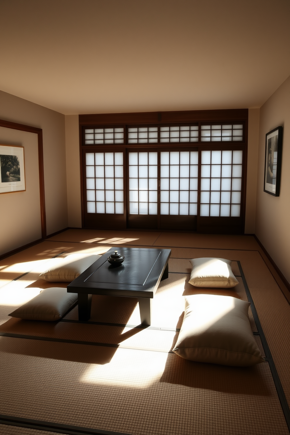 A serene bedroom designed for tranquility. The space features a low wooden table set for tea ceremonies, surrounded by plush cushions on a tatami mat. Natural light filters in through shoji screens, casting soft shadows across the room. The walls are adorned with minimalist artwork, and a calming palette of soft earth tones enhances the peaceful atmosphere.