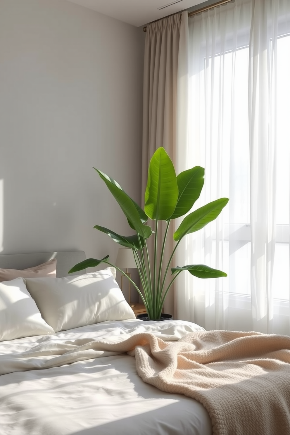 A serene bedroom setting featuring a simple bedside table made of light wood with clean lines. The table holds a small potted plant and a minimalist lamp, creating a calming atmosphere. The walls are painted in soft neutral tones, complemented by a cozy, textured throw blanket draped over the bed. Natural light filters through sheer curtains, enhancing the tranquil vibe of the space.