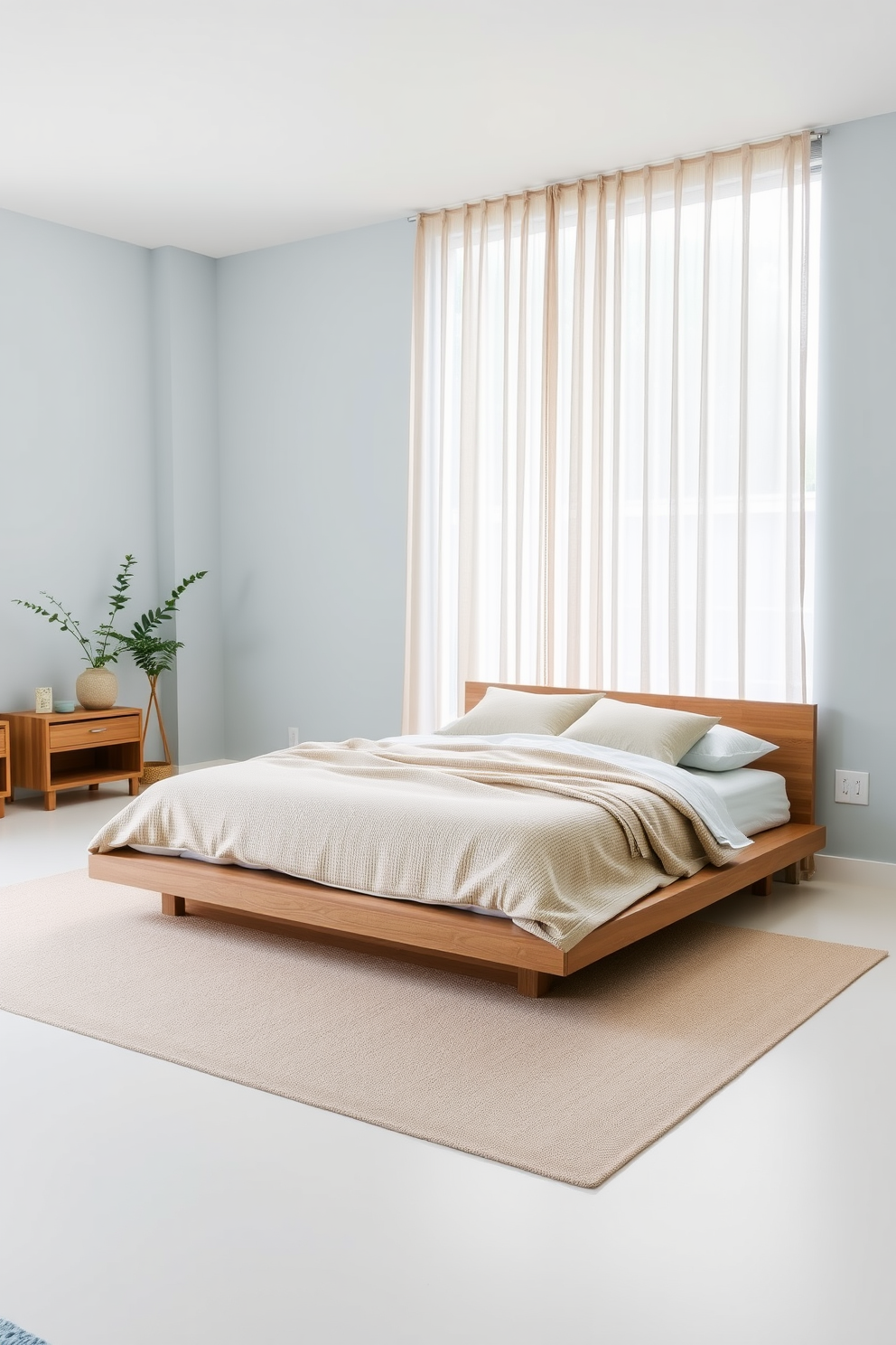 A serene bedroom oasis featuring a small indoor fountain that gently trickles water, creating a calming atmosphere. The room is adorned with soft, neutral tones and natural materials, complemented by a plush bed with layered bedding and decorative pillows. In one corner, a cozy reading nook is created with a comfortable armchair and a small side table. Lush greenery surrounds the fountain, enhancing the tranquil ambiance and promoting relaxation.