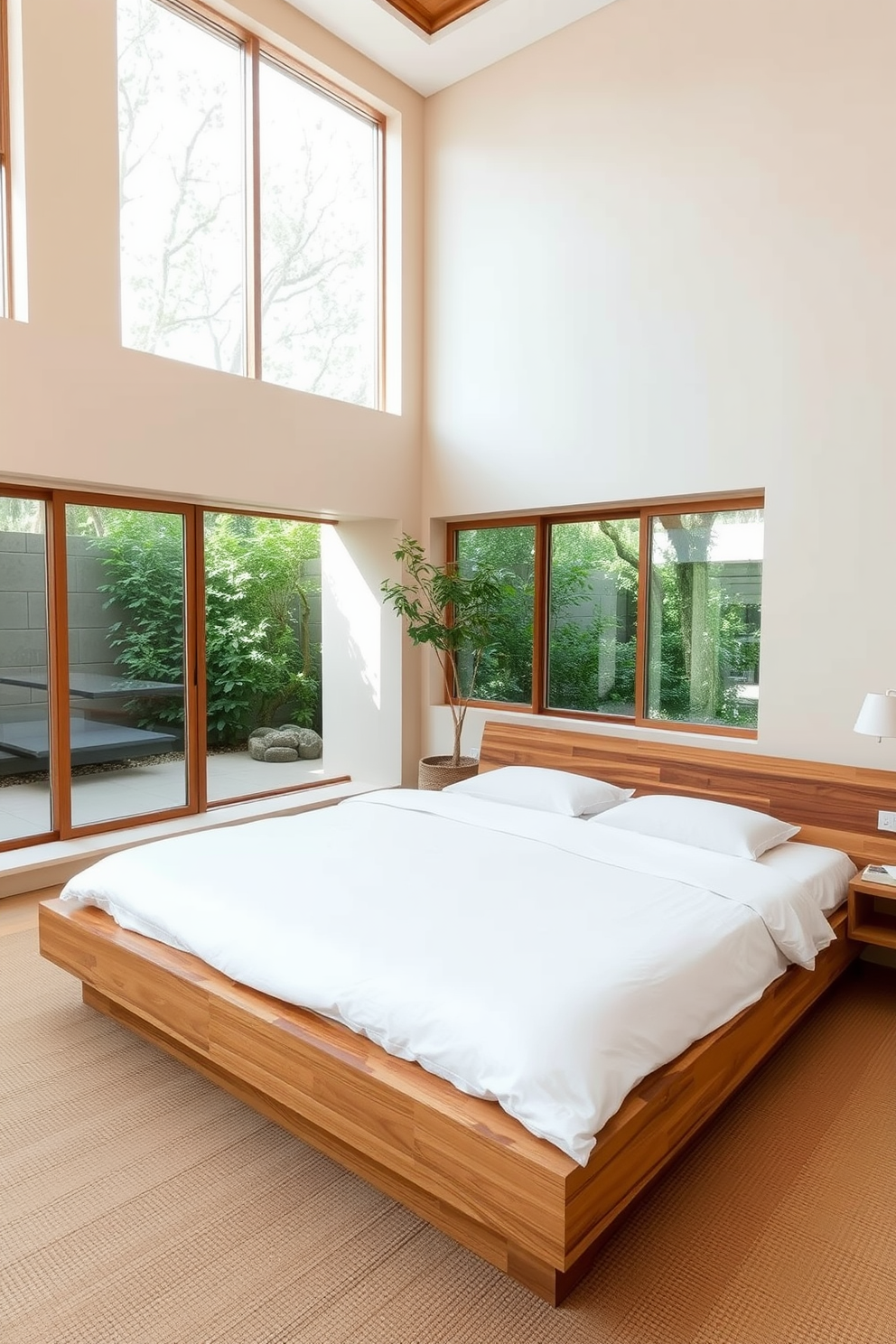 A serene zen bedroom featuring a minimalist platform bed made of natural wood with crisp white linens. Large windows allow soft natural light to fill the space, while a small zen garden with smooth stones and carefully placed succulents sits in one corner, creating a peaceful ambiance. The walls are painted in a calming light beige, and a tatami mat covers the floor, adding warmth and texture. A simple wooden nightstand beside the bed holds a small candle and a book, enhancing the tranquil atmosphere of the room.