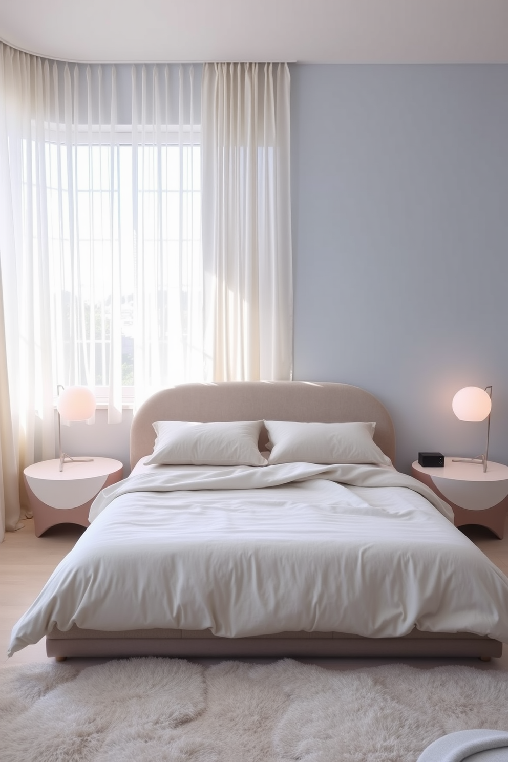 A serene bedroom space featuring a plush bed with a rounded headboard and soft, neutral bedding. The bedside tables have curved edges and are topped with minimalist lamps that emit a warm glow. The walls are painted in a calming light blue hue, complemented by a cozy area rug with gentle curves. A large window allows natural light to flood the room, adorned with sheer curtains that softly diffuse the sunlight.