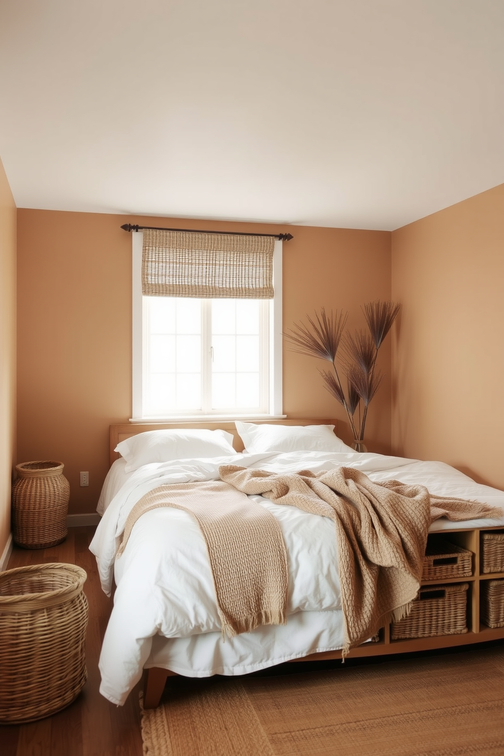 A serene bedroom featuring natural fiber baskets for storage. The baskets are strategically placed beside the bed and under the window, adding an organic touch to the space. The walls are painted in soft earth tones, creating a calming atmosphere. A low-profile bed with a wooden frame is adorned with crisp white linens and a textured throw blanket.