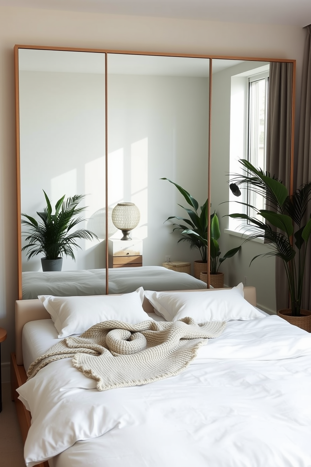 A serene bedroom space designed for relaxation. The focal point is a large floor-to-ceiling mirror that enhances the sense of space, reflecting soft natural light. The bed features a low-profile frame with crisp white linens and a textured throw blanket. Neutral tones dominate the decor, complemented by indoor plants that bring a touch of nature indoors.