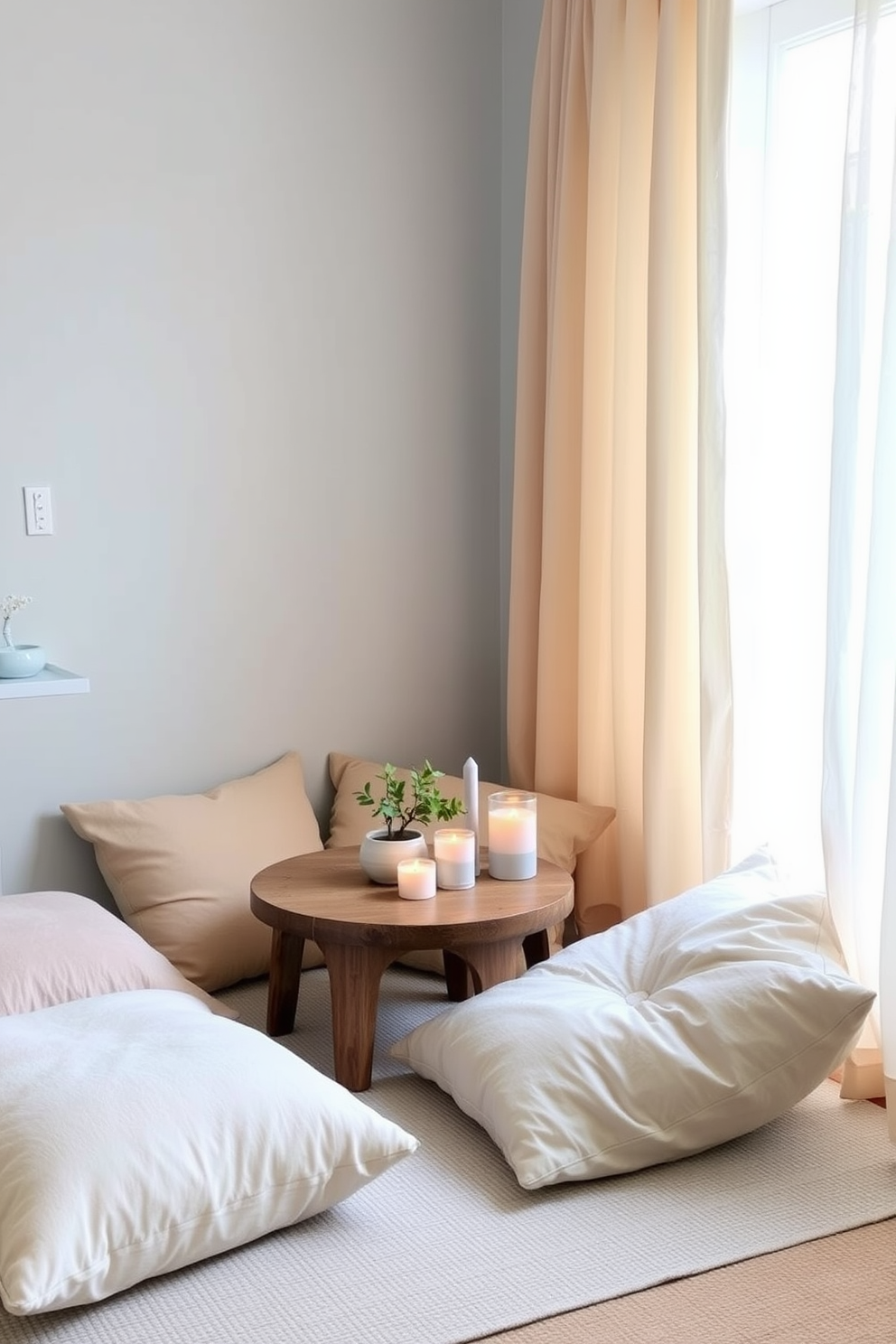 A cozy nook is created with plush floor cushions in soft neutral tones. A low wooden table sits nearby, adorned with candles and a small potted plant, inviting relaxation and tranquility. The walls are painted in calming shades of pale blue, enhancing the serene atmosphere. Natural light filters in through sheer curtains, illuminating the space and creating a peaceful retreat.