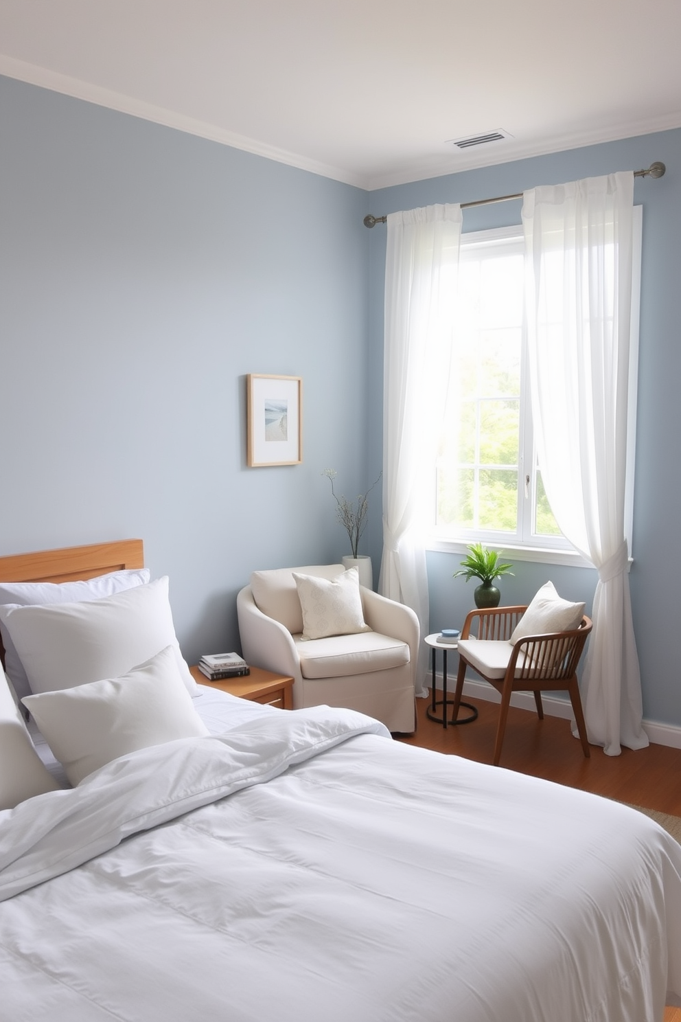 A calming Zen bedroom featuring soft blue walls that create a serene atmosphere. The bed is dressed in crisp white linens with plush pillows, complemented by a natural wood headboard. In the corner, a cozy reading nook includes a comfortable armchair and a small side table. A large window allows natural light to flood the space, adorned with sheer white curtains for an airy feel.