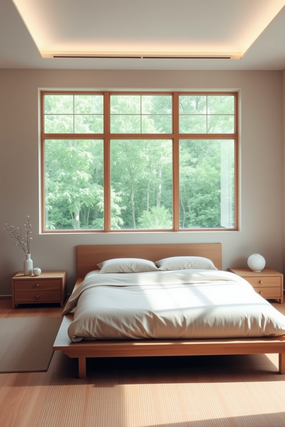 A serene Zen bedroom featuring minimalist furniture that promotes an open space feel. The room includes a low-profile platform bed with soft neutral bedding, surrounded by simple wooden nightstands and a large window that floods the space with natural light.