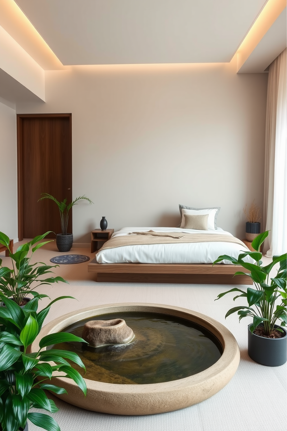 A serene bedroom designed for mindfulness features a cozy bed with soft linens and plush pillows. A small wooden desk is positioned near a window, perfect for journaling, adorned with a calming plant and a journal. The walls are painted in a soft beige hue, creating a warm and inviting atmosphere. Natural light floods the room, highlighting a simple rug that adds texture to the space.