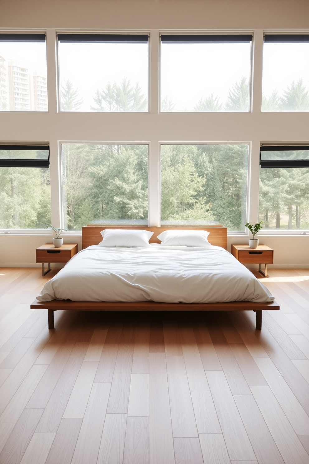 A low-profile bed is positioned centrally in the room, featuring simple white bedding that creates a serene atmosphere. Natural light floods the space through large windows, illuminating the soft wooden floors and minimalist decor. On either side of the bed, sleek nightstands hold small potted plants, adding a touch of greenery to the calming environment. The walls are painted in a soft beige tone, enhancing the peaceful Zen ambiance of the bedroom.