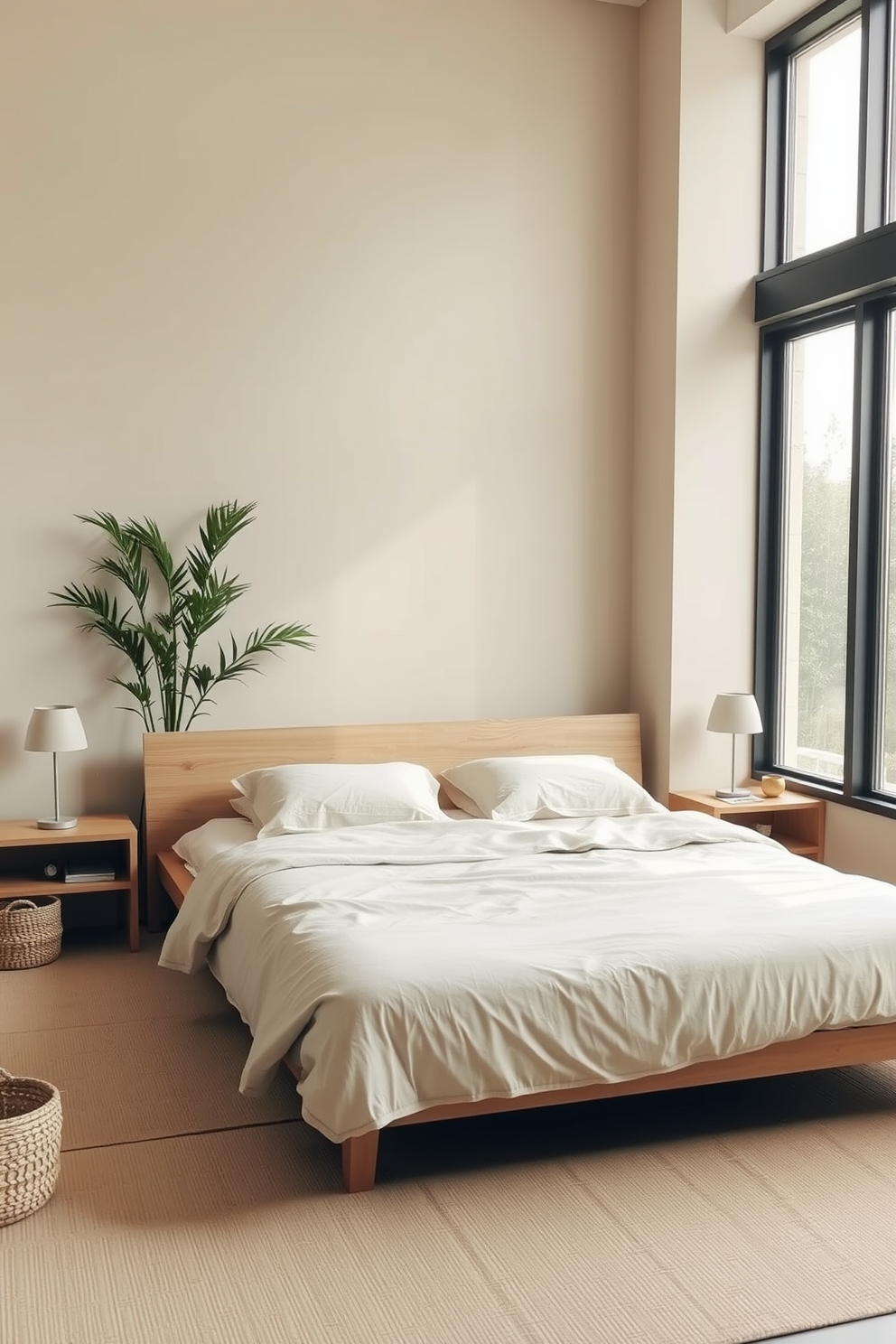 A serene zen bedroom setting with soft neutral tones and natural materials. A low platform bed is adorned with organic cotton linens, and on either side, there are minimalist wooden nightstands with simple lamps. In one corner, a tall indoor plant adds a touch of greenery, while a woven basket sits nearby for added texture. The walls are painted in a calming beige, and a large window allows natural light to flood the space, enhancing the tranquil atmosphere.