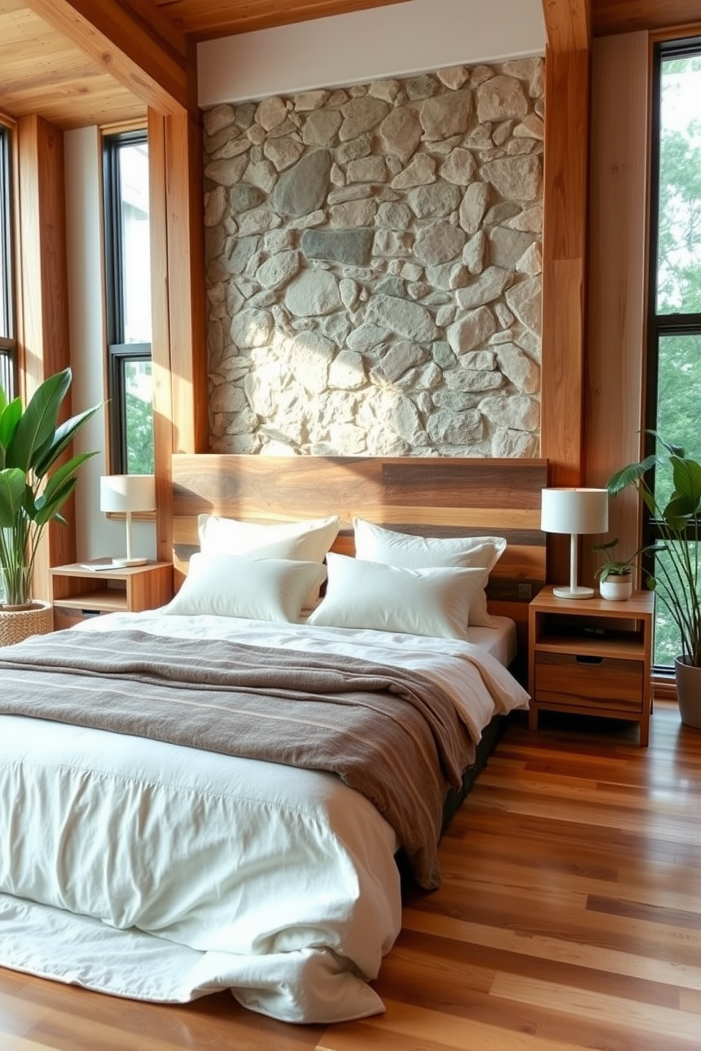 A serene bedroom space featuring natural materials like wood and stone. The bed is framed with reclaimed wood, adorned with soft linens in neutral tones, and a large stone accent wall serves as a backdrop. A pair of wooden nightstands flanks the bed, each topped with minimalist lamps. Large windows allow natural light to flood in, complemented by indoor plants that enhance the tranquil atmosphere.