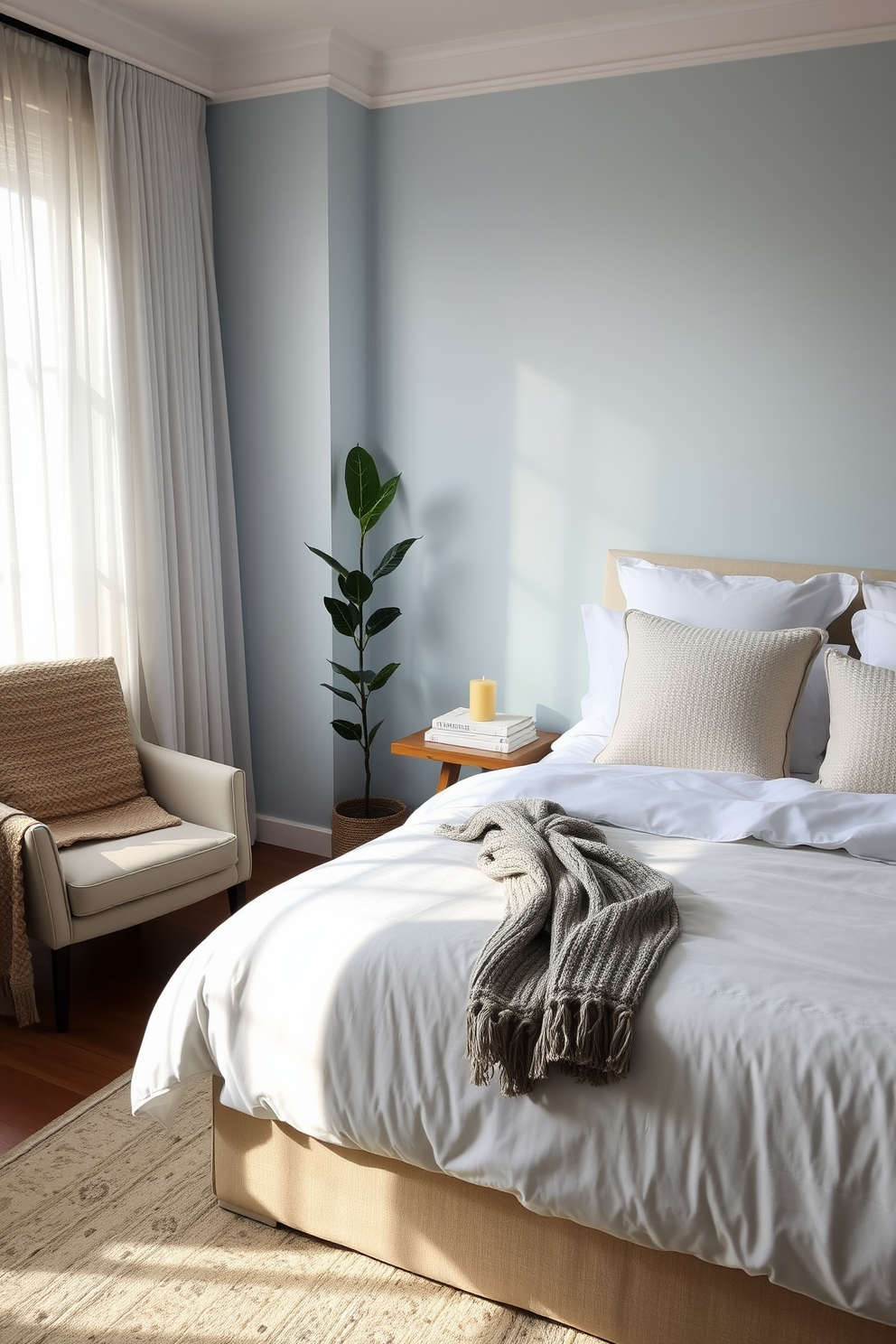 A serene bedroom featuring a plush king-sized bed with soft white linens and an assortment of textured pillows. Natural light filters through sheer curtains, illuminating a small wooden side table adorned with a soothing candle and a stack of books. In one corner, a comfortable armchair with a knitted throw invites relaxation, while a tall plant adds a touch of greenery. The walls are painted in a calming light blue hue, and a soft area rug anchors the space, enhancing the cozy atmosphere.